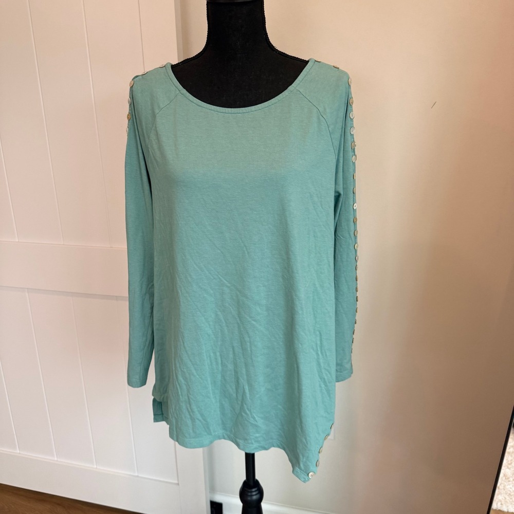 Soft‎ Surroundings Teal Button Sleeve Asymmetrical Hem Knit Top Womens Size XL